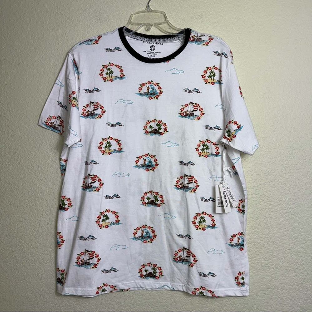 Free Planet Men's Short Sleeve T-Shirt‎ Size L Stretch Surfing Palm Trees NWT